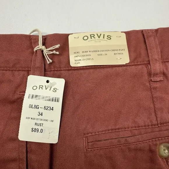 Orvis Pants Mens 34 Rust Surf Washed Cotton Chino Unfinished Hem Straight Leg - Picture 4 of 10